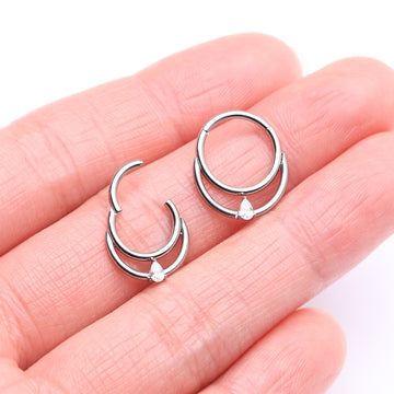 Detail View 2 of Implant Grade Titanium Double Loop Teardrop Sparkle Clicker Hoop Ring-Clear Gem